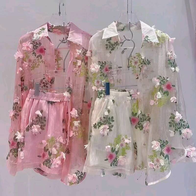 2025 Spring New Perspective design Women's D-Flower Embroidered Chiffon Shirt Flower Mesh Shirt Mesh Cardigan Top Gauze Shorts Designer Set
