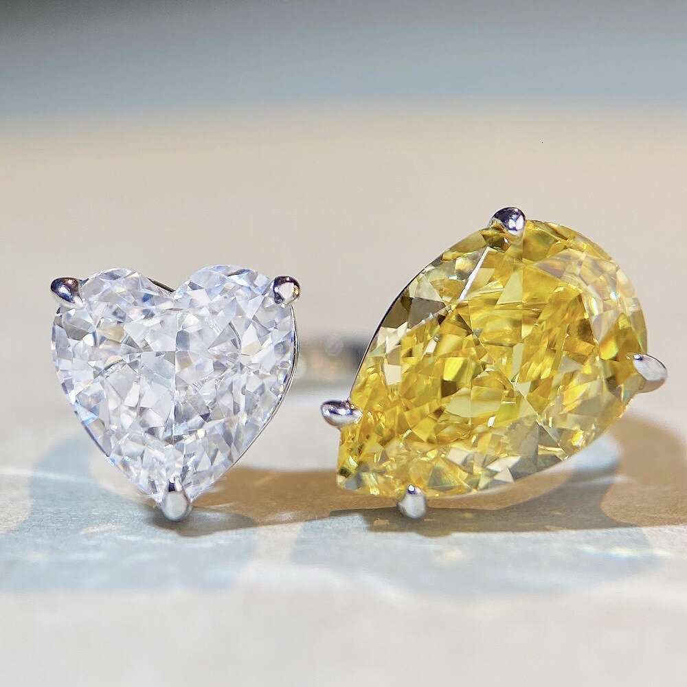 DHpet S925 Sterling Silver Heart - Shaped Adjustable Ring with Icy - Cut High - Carbon Diamonds for Women