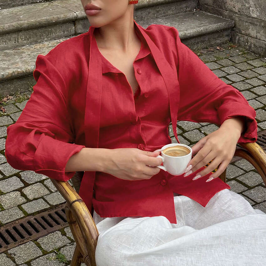 Autumn Winter New Lace-Up Waist-Cinching Cotton Linen Ribbon Shirt Women With Design Sense, Elegant And Fashionable For Commuting B3