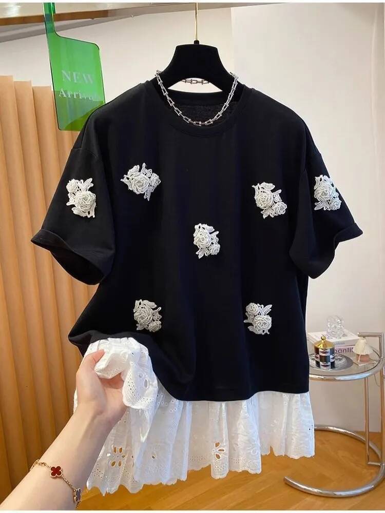 2025 new plus size design Pou design bead Ort Sve T Irt women's summer loose fit lace designer patchwork Korean style sled top