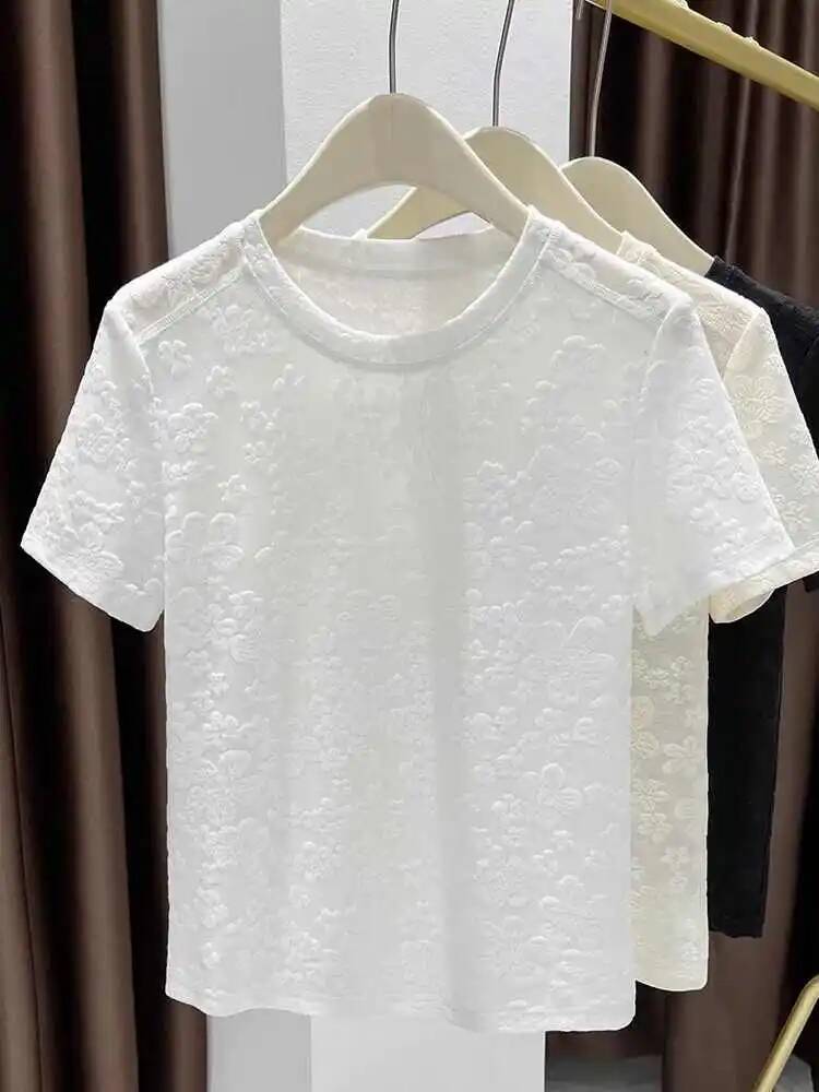2025 Summer New Women's Mesh design Jacquard T-shirt Solid Color Round Neck Short Sleeve Thin Top Korean Elegant Women's Designer Fashion T-