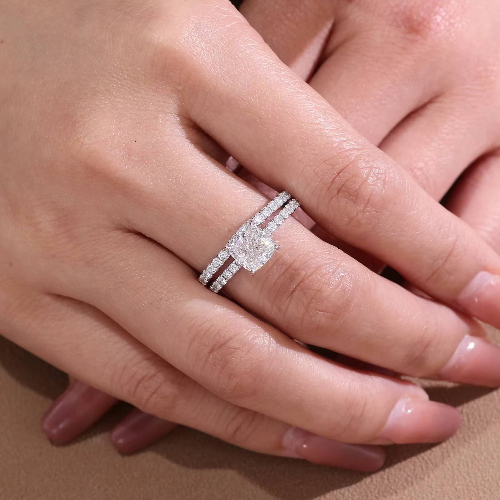 Fine Jewelry Women Custom 14K 18K White Gold Diamond Engagement and Wedding Band Ring 2ct Cushion Cut Lab Diamond Ring