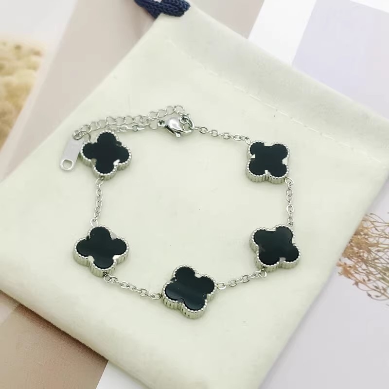 18k Titanium Steel Colorless Internet Celebrity Four-leaf Clover Titanium Steel Bracelet Ring Women's Five-flower Double-sided Shell Jewelry