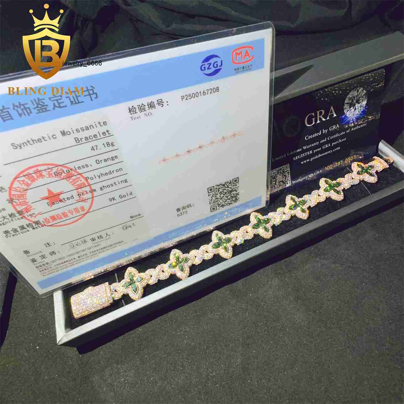 Hip Hop Iced Out Miami Cuban Link Chain 9K Real Gold VVS Moissanite Diamond Fashionable Jewelry for Men Women Bracelet