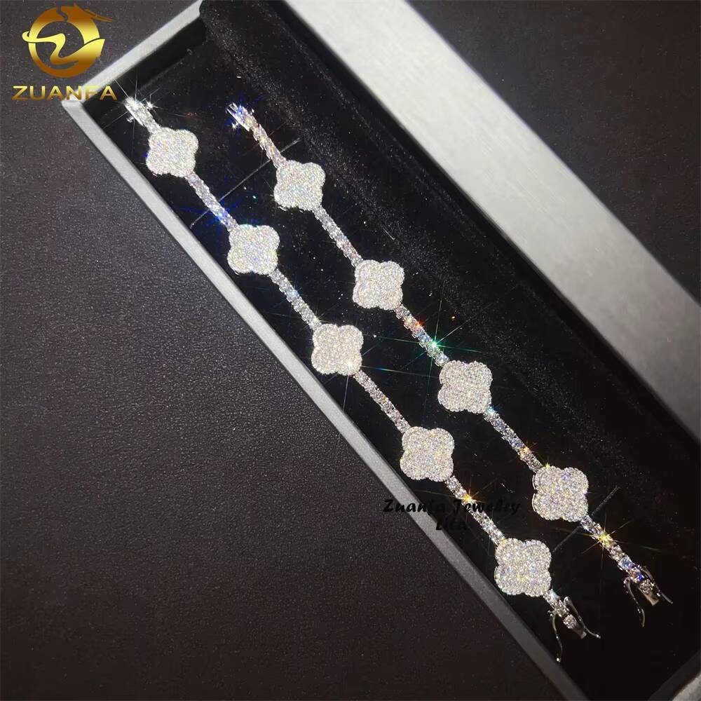 Pass Diamond Tester Fast Shipping New Design 3mm 925 Sterling Silver Clover Moissanite Tennis Chain Bracelet