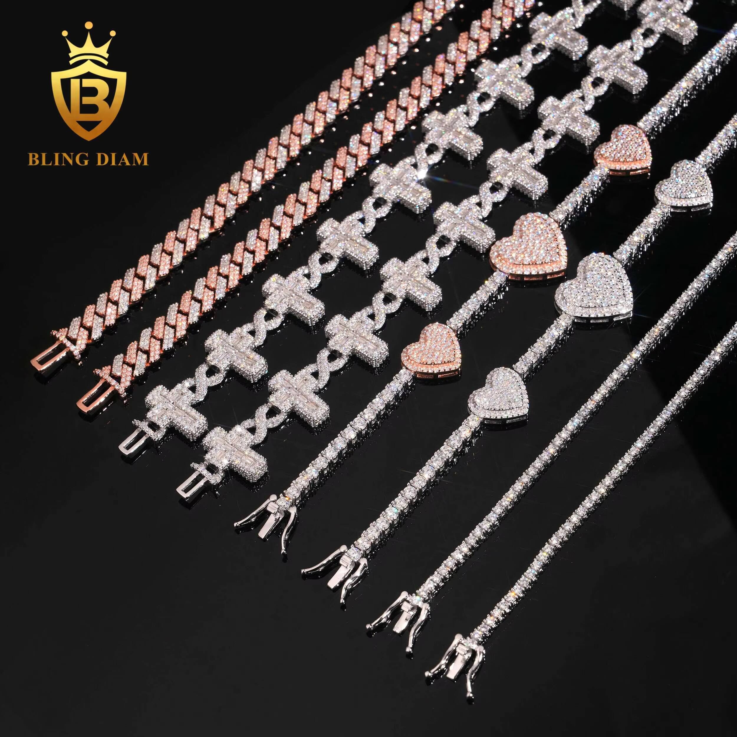 Hot Sale Fashion Fine Jewelry HipHop Style Iced Out Jewelry Moissanite Tennis Chain Moissanite Bracelet 925 Silver Tennis Chain