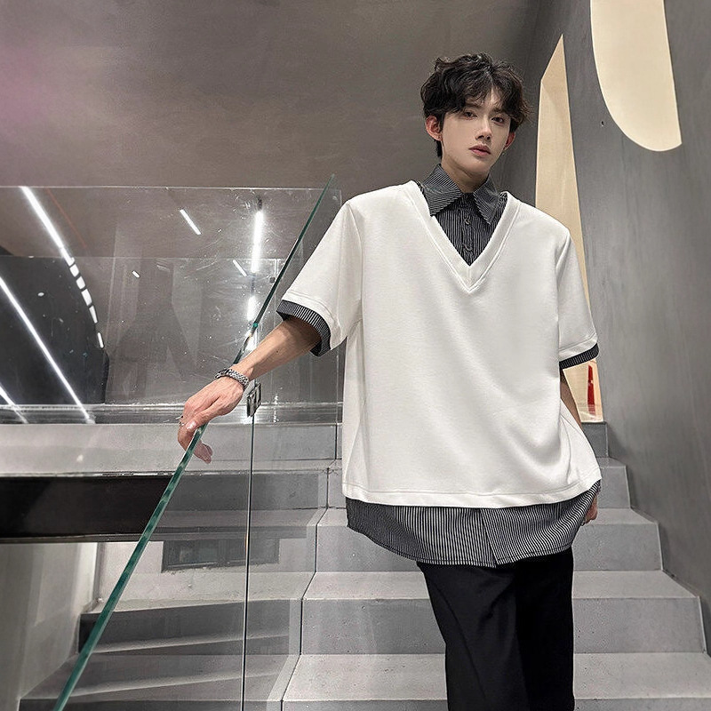 2025 Fake Two-piece Shoulder Pad Short Sleeved Men's Summer Collar T-shirt Niche Design High Street Five Quarter Sleeve Designer T-shirt