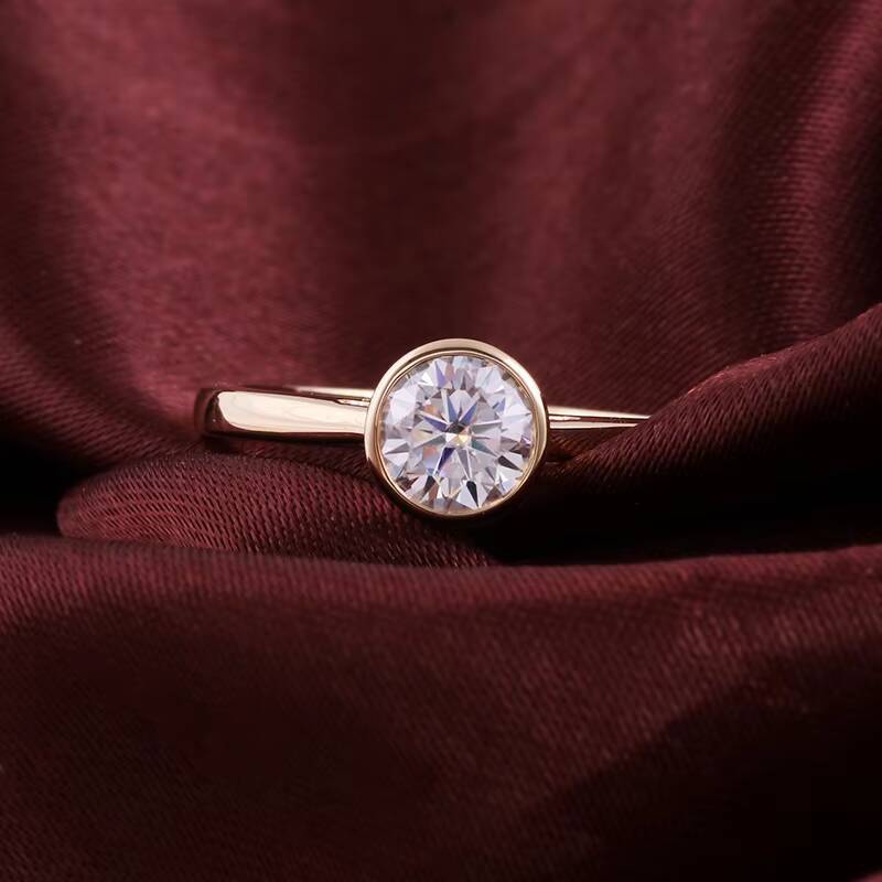 Ready to Ship Moissanite Wedding Ring 10K Yellow Gold Bezel Setting 06Carat Center Diamond Moissanite Women Ring