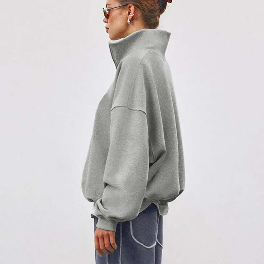 Autumn Winter New Loose Zipper Stand Collar Long Sleeve Gray Sweatshirt Women With Design Sense And Casual Style For Commuting In B5