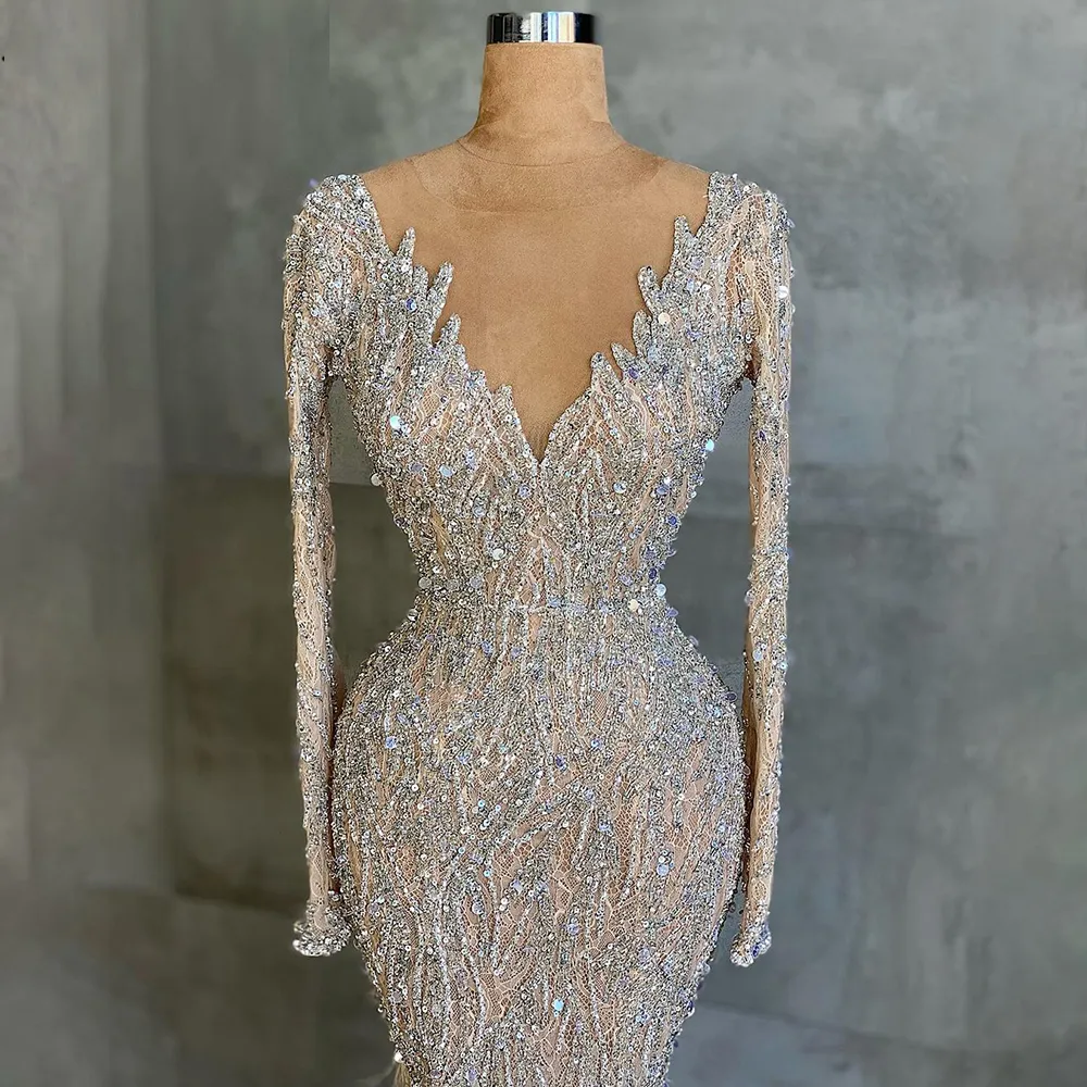 Sexy Mermaid Evening Dresses V Neck Beading Feathers Prom Dresses Lace Long Sleeves Celebrity Women Formal Party Pageant Gowns