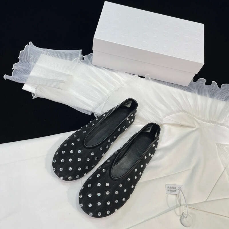 Niche Fashion Round Toe Designer Shoe Rhinestone Mary Jane Shoes for Women, Mesh Hollow Breathable Flat Comfortable Ballet Flats