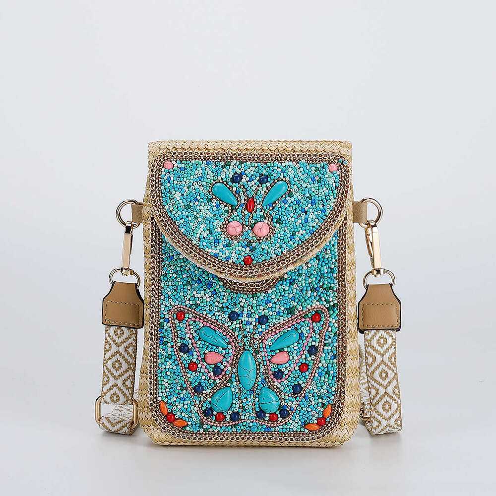 High-End Straw Crossbody 2024 New Fashion Beaded Woven Women's Shoulder Phone Bag