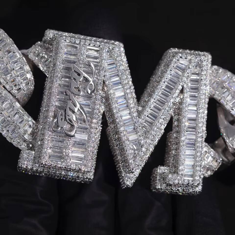 Fine Jewelry Custom Big Guy 28mm 925 Sterling Silver Bagutte VVS Moissanite Diamond Cuban Link Chain Necklace With Letter