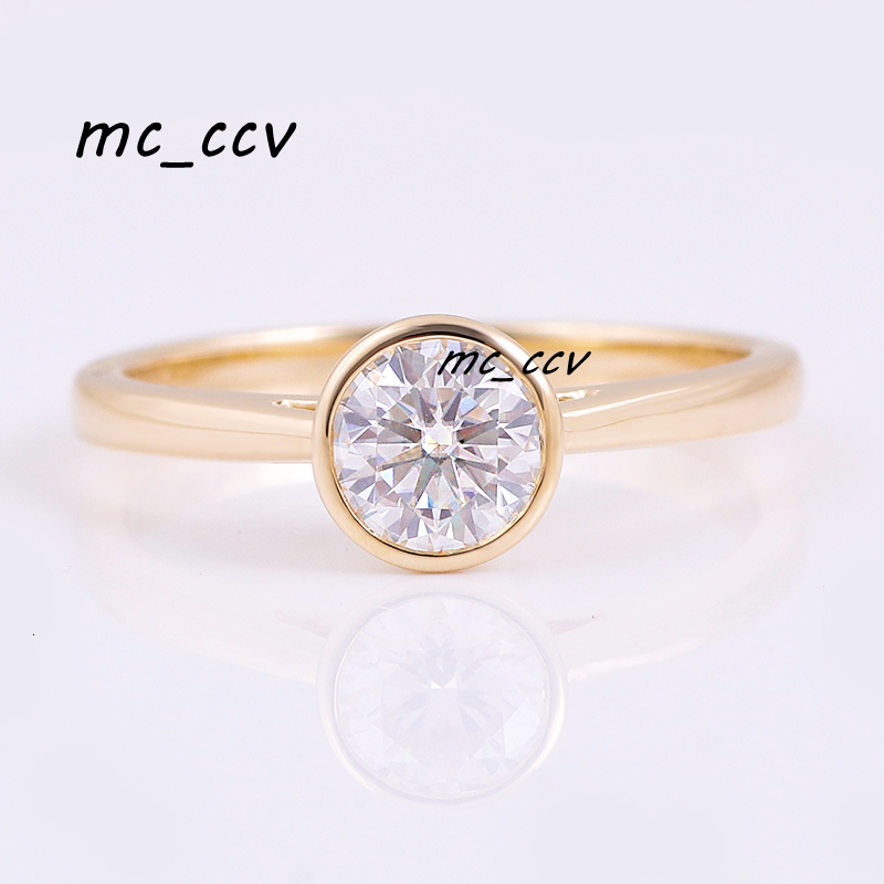 Ready to Ship Moissanite Wedding Ring 10K Yellow Gold Bezel Setting 06Carat Center Diamond Moissanite Women Ring