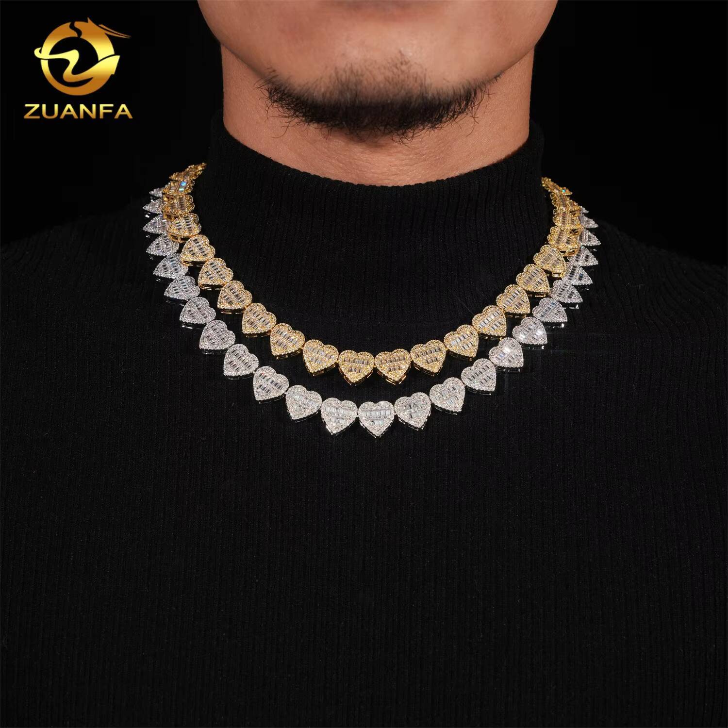 Baguette Cut 13mm Heart Cuban Link Chain Moissanite Hip Hop Jewelry Solid 925 Silver Iced Out Cuban Link Pass Diamond Tester