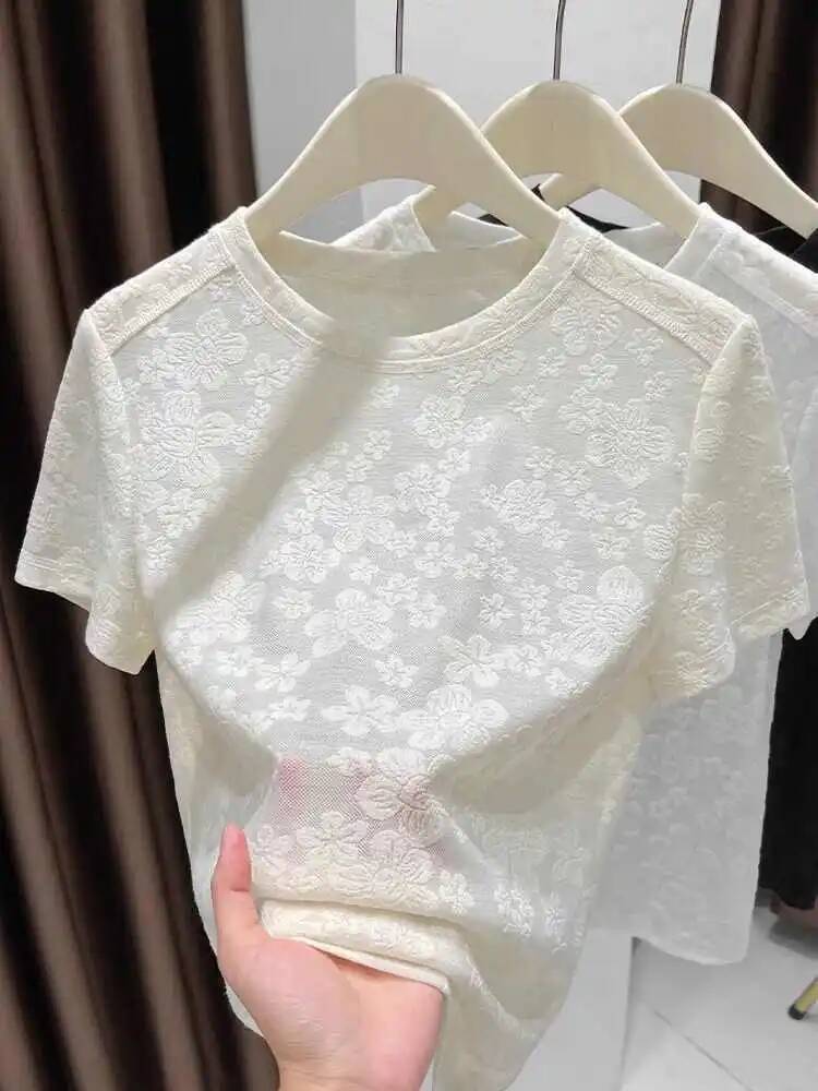2025 Summer New Women's Mesh design Jacquard T-shirt Solid Color Round Neck Short Sleeve Thin Top Korean Elegant Women's Designer Fashion T-