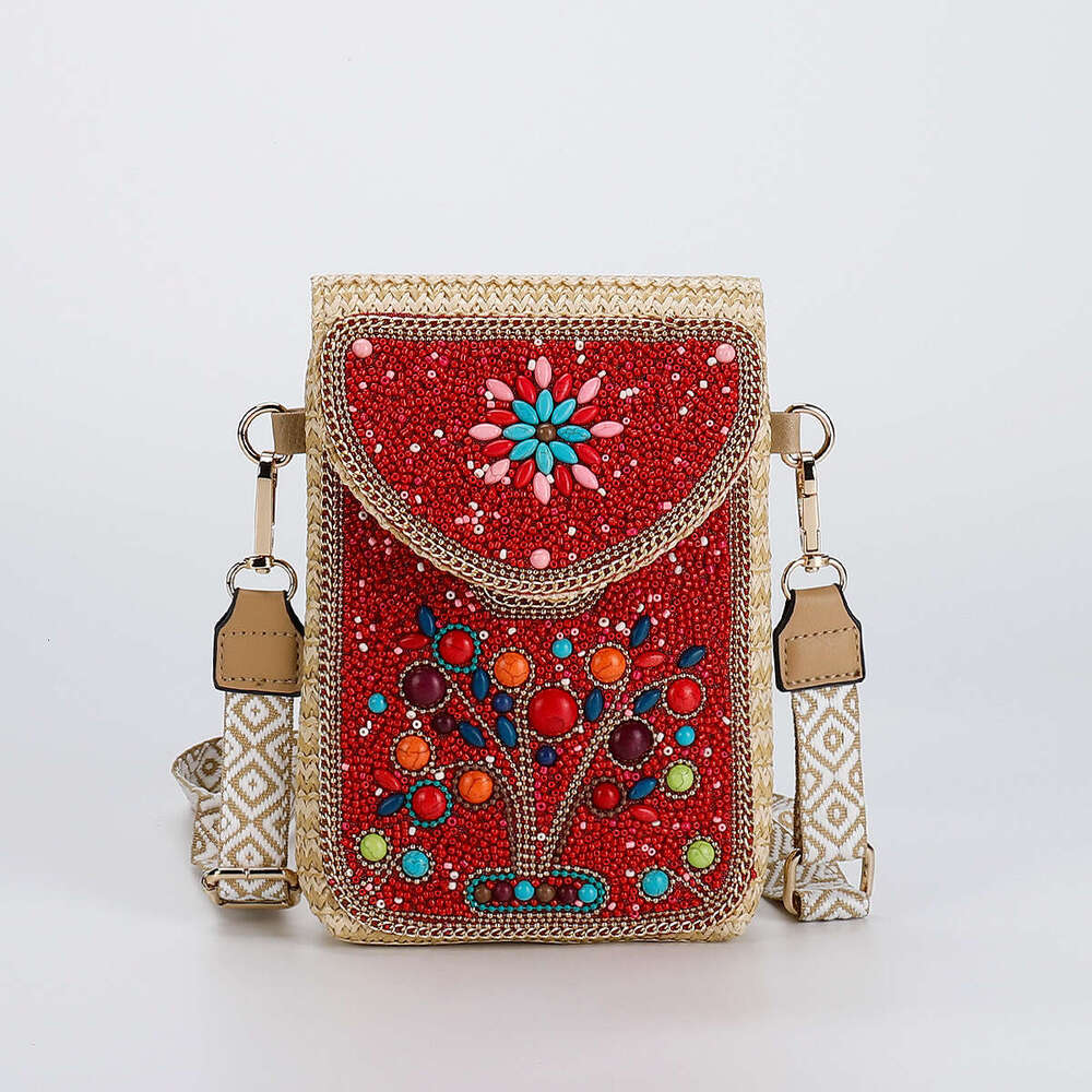 High-End Straw Crossbody 2024 New Fashion Beaded Woven Women's Shoulder Phone Bag