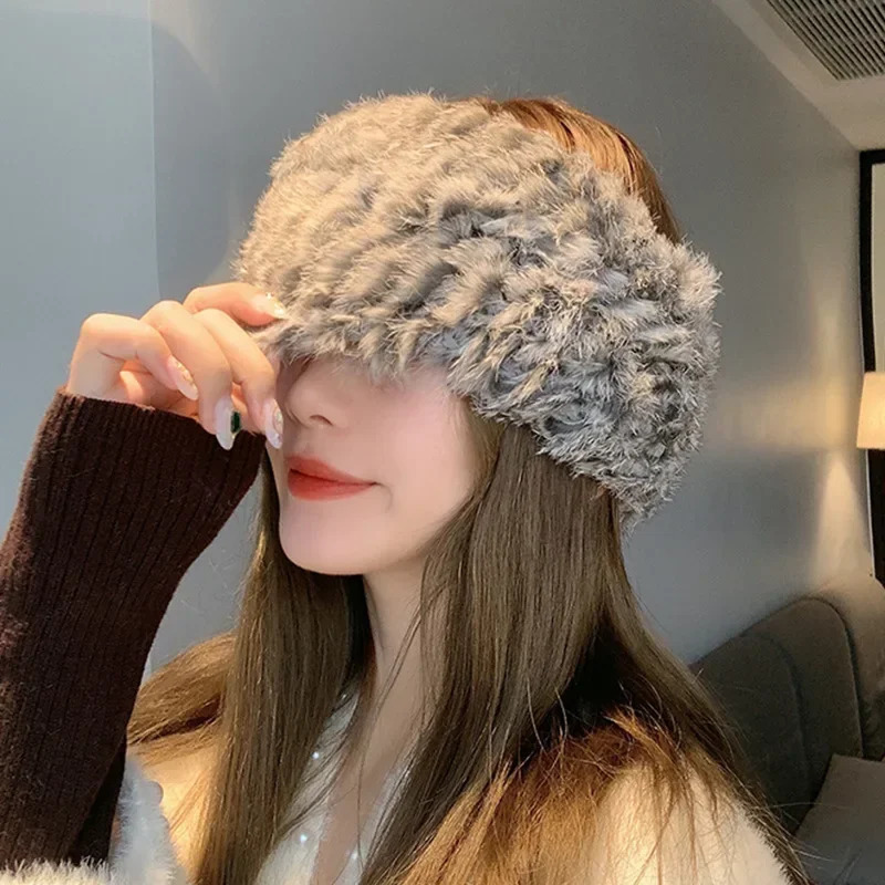 Autumn Winter Knitted Real Rabbit Fur Headband for Women Fluffy Elastic Hair Bands Ring for Ladies Hair Ties 250906
