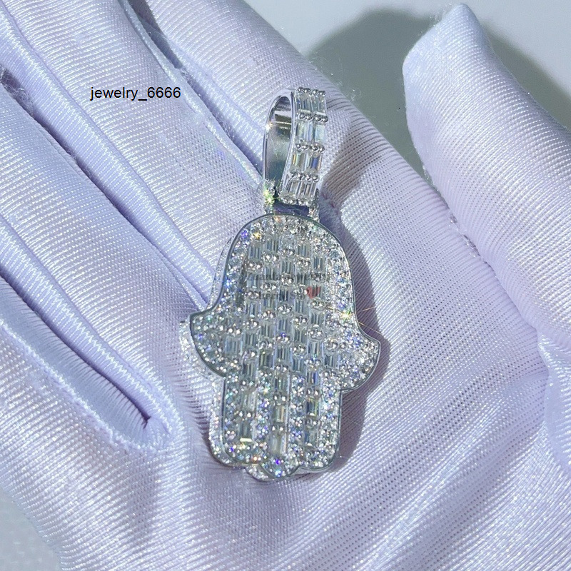 Gra Certificated Baguette Cut Hip Hop Fit for 4MM Tennis Chain Silver 925 Moissanite Hamsa Pendant