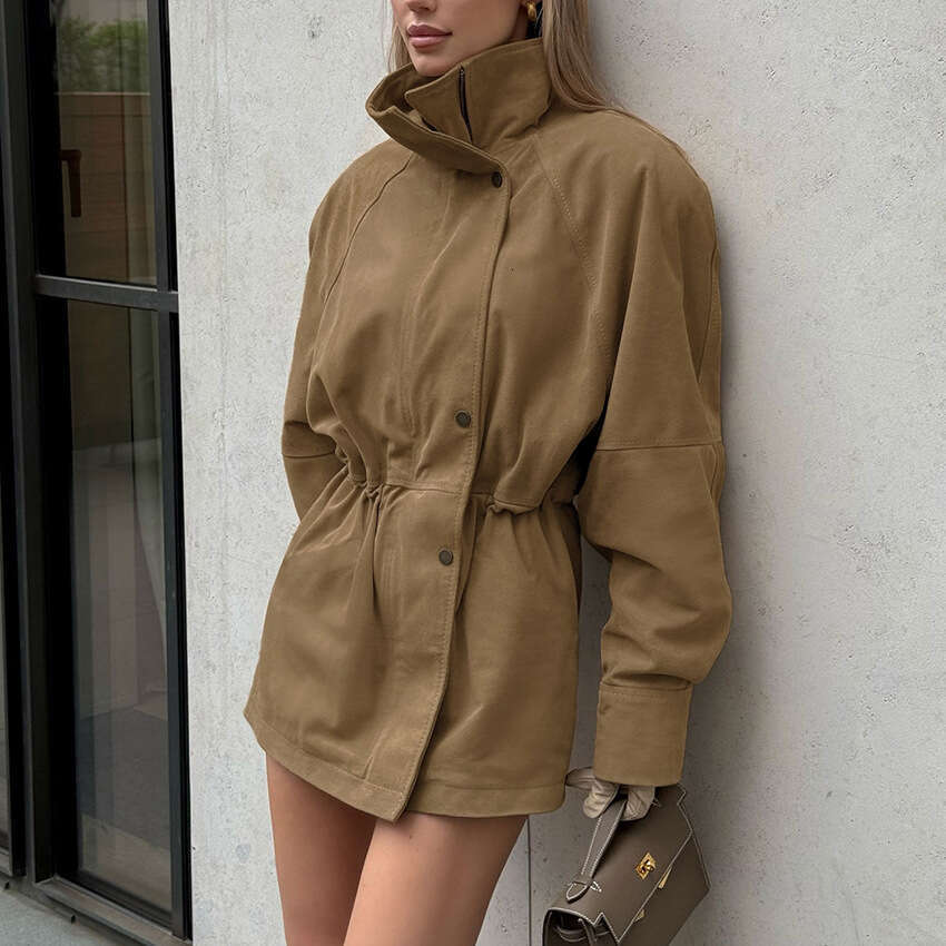 Winter New Loose High Collar Waist-Cinching Suede Mid-Length Jacket Coat With Design Sense And Fashionable Temperament B3