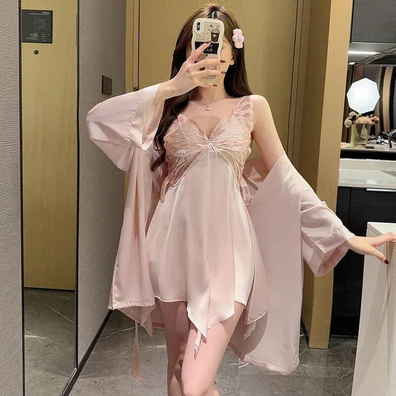2025 new purple butterfly pajamas sexy backless pajamas design women's underwear kimono bathrobe set silk artificial silk designer pajamas
