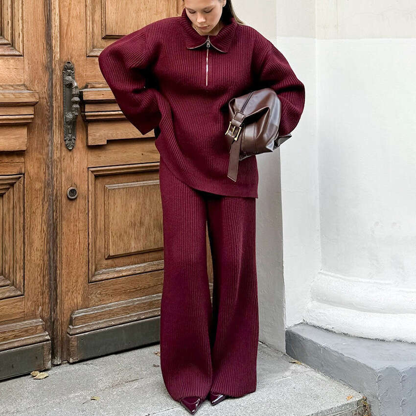 Autumn Winter New Zipper Turn-Down Collar Sleeve Long Pants Knitted Suit For Women Design Sense Elegant Fashion Commuting B5