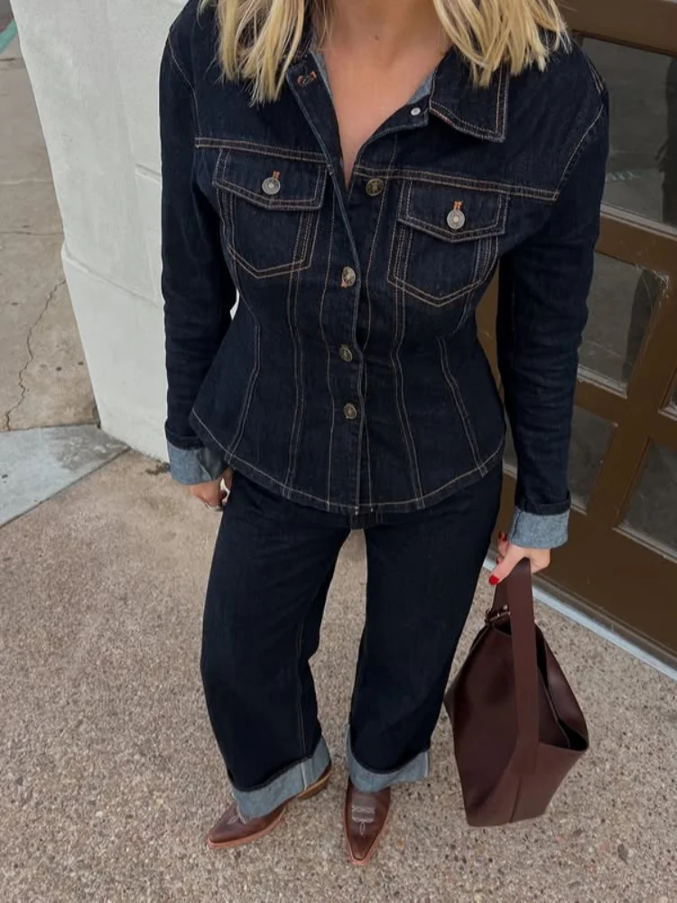Denim Jacket Coat Jeans Sets Women Single Breasted Lapel Long Sleeve Top Straight Pants Suits 2025 Spring Vintage Street Commute 250906 C260312