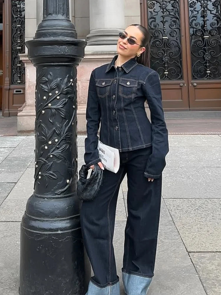 Denim Jacket Coat Jeans Sets Women Single Breasted Lapel Long Sleeve Top Straight Pants Suits 2025 Spring Vintage Street Commute 250906 C260312