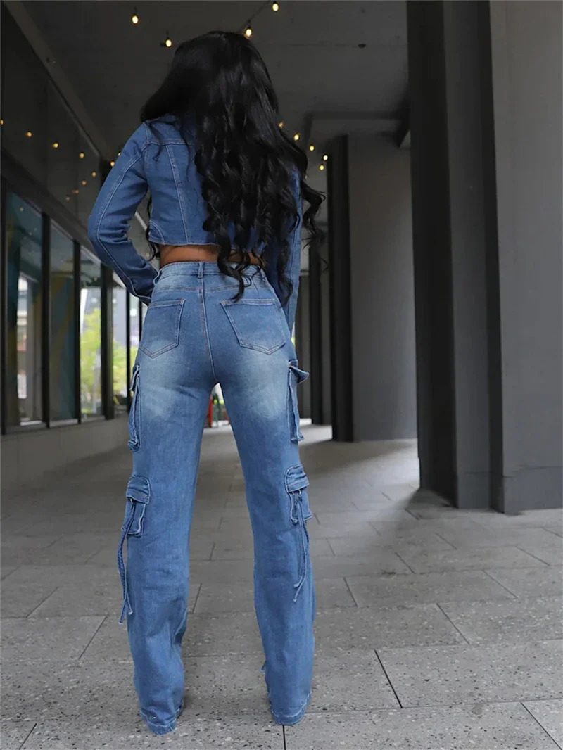 Streetwear Denim 2 Piece Sets Women Outfit Autumn Clothing Women Jean Jacket Top Cargo Pant Sets Cow Tracksuits Woman Sets 250906