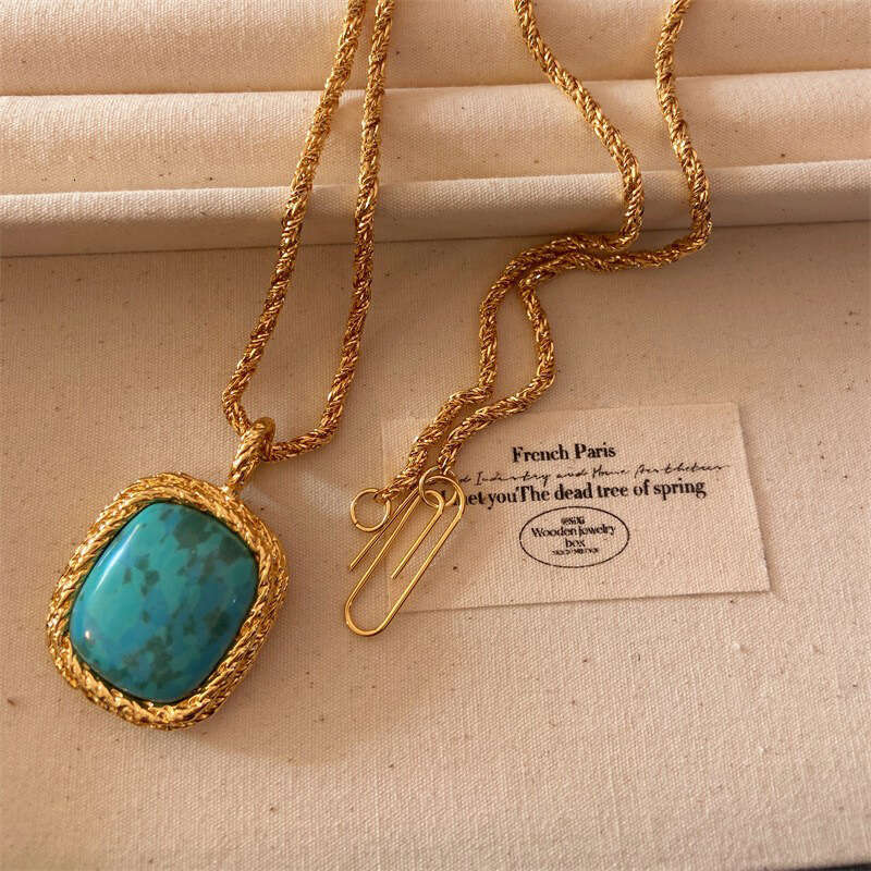 DHpet Vintage Style Aurelie Bidermann Square Pendant Inlaid with Blue Turquoise Lapis Lazuli Pink Crystal Sweater Chain