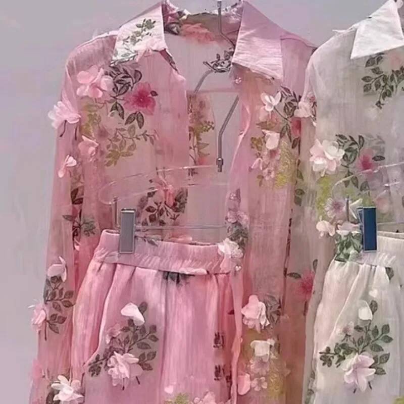 2025 Spring New Perspective design Women's D-Flower Embroidered Chiffon Shirt Flower Mesh Shirt Mesh Cardigan Top Gauze Shorts Designer Set