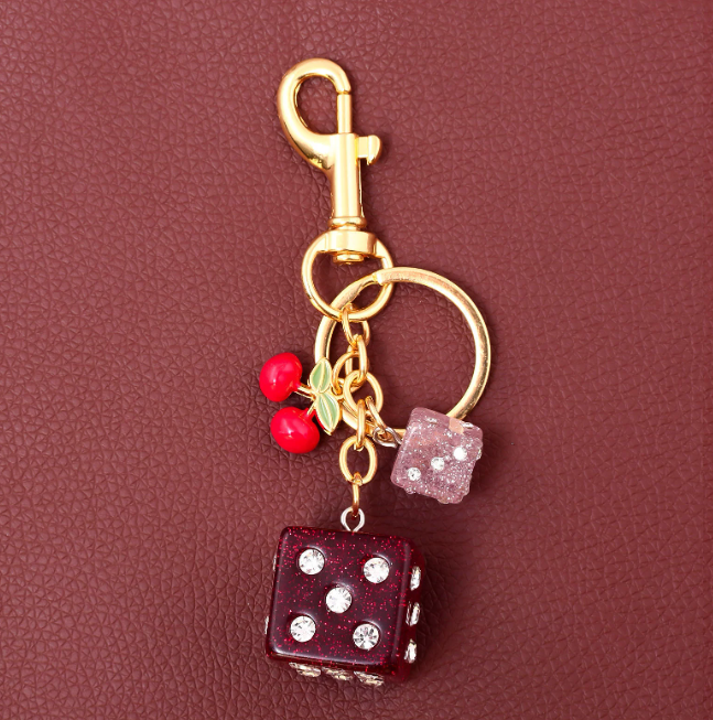 Fashion Red Dice Resin Diamond Studded Keychain Student Ladies Jewelry Bag Gift Pendant Keyring Accessories Storage Pendant 250428