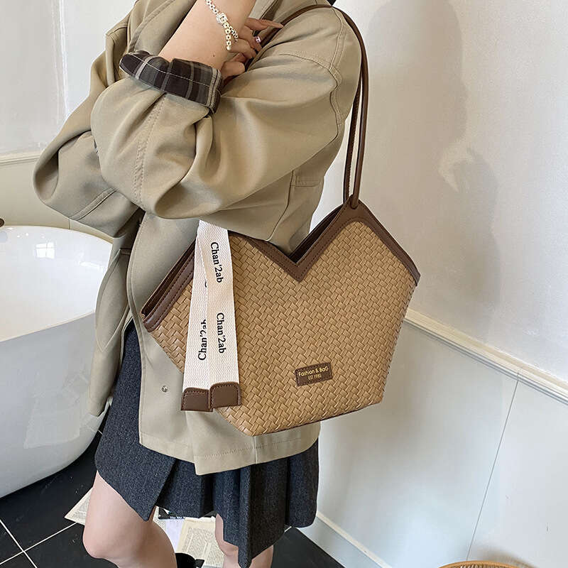 Bensherman Large Capacity Color-Block Woven Fashion Casual Single Shoulder Daily Commute Tote Bag Backpack