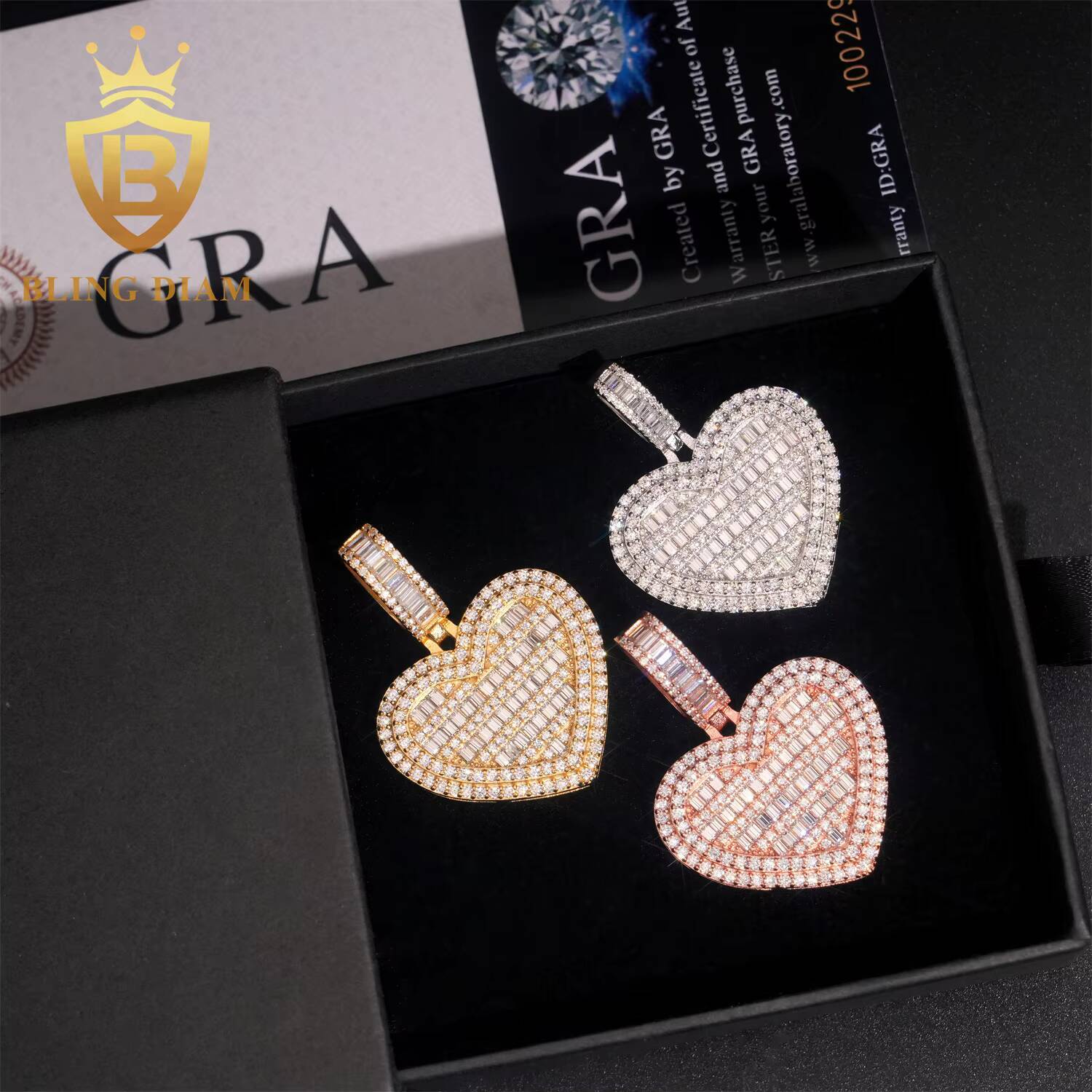 Iced Out Baguette Cut Heart Charm Pendant 925 Silver Moissanite Hip Hop Jewelry Pendant Pass Diamond Tester