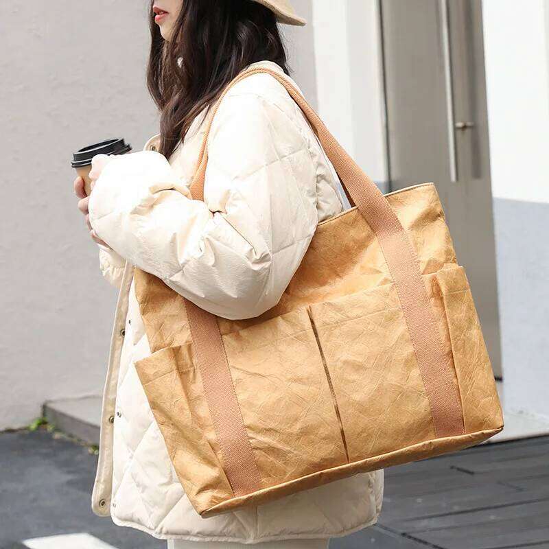 Hylhexyr Dupont Shopping Bag Waterproof Handbags Shoulder Bags Washable Kraft Paper Totes With Zipper