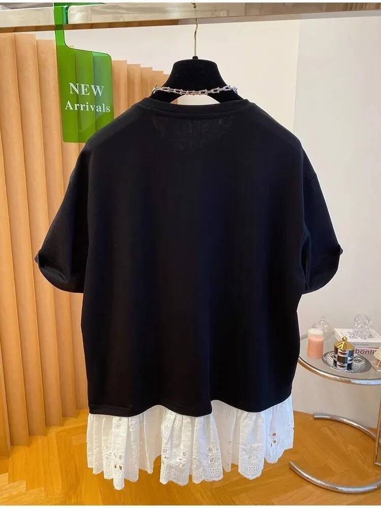 2025 new plus size design Pou design bead Ort Sve T Irt women's summer loose fit lace designer patchwork Korean style sled top