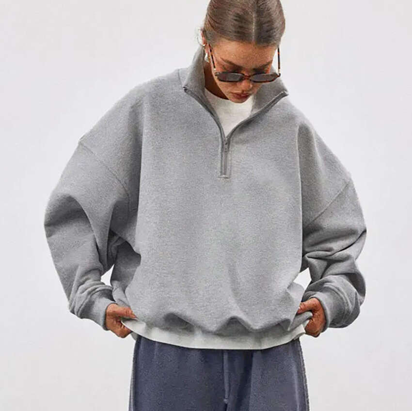 Autumn Winter New Loose Zipper Stand Collar Long Sleeve Gray Sweatshirt Women With Design Sense And Casual Style For Commuting In B5
