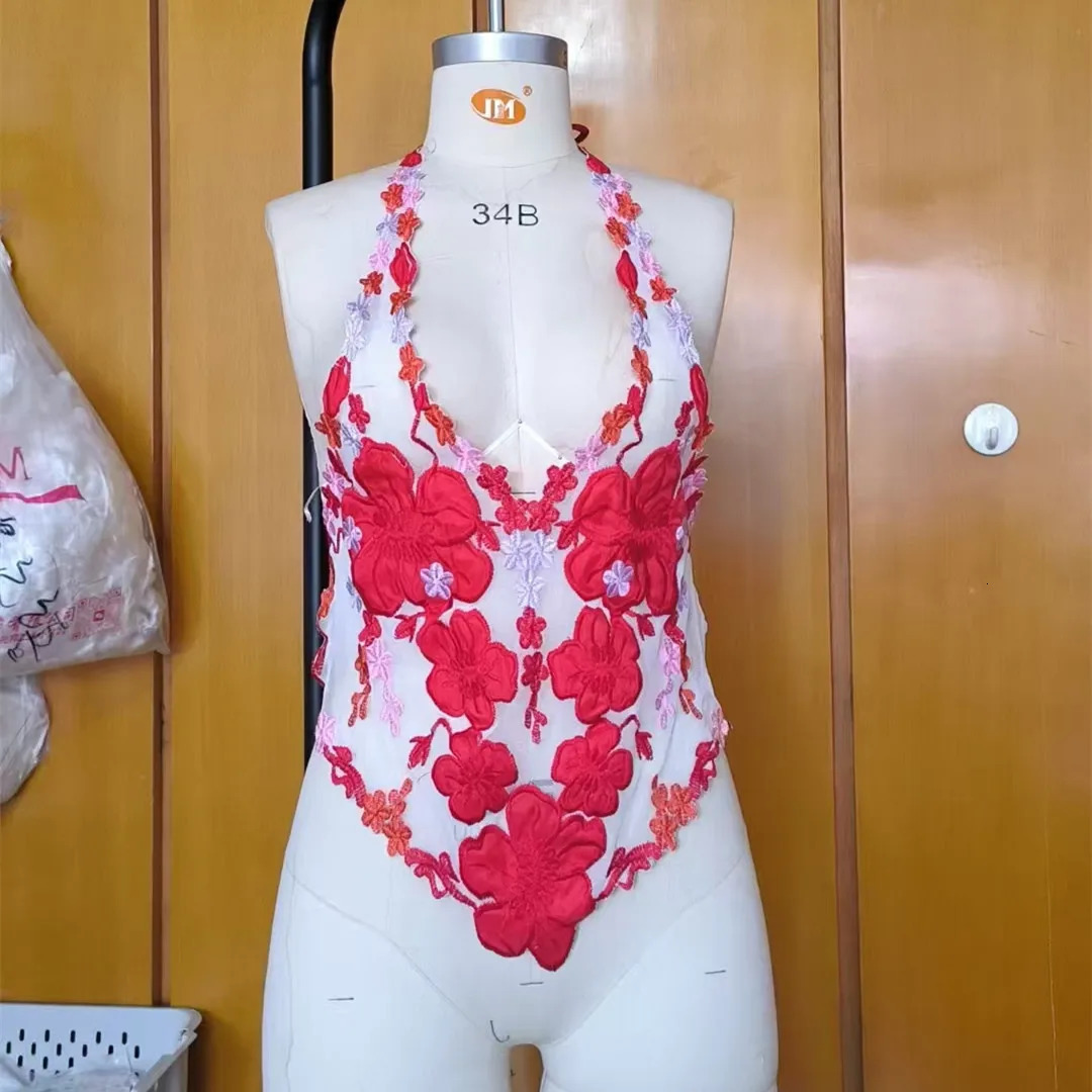 Sexy Women Floral Mesh Tank Top See Through Sheer Halter Crop Tops Sleeveless Flower Embroidery V Neck Cami Summer 250906