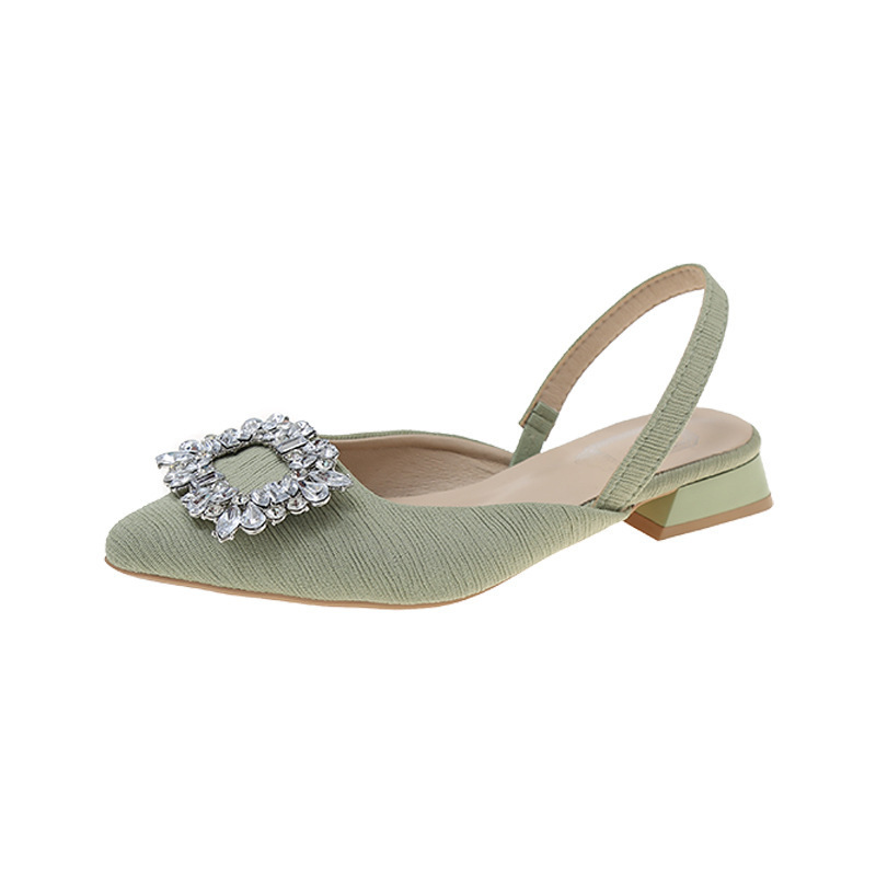 Free Shipping Women's French Low Heel Sandals - Designer Square Buckle Strap Back Sandals with Rhinestones, Elegant Vintage Dressy Evening Shoes