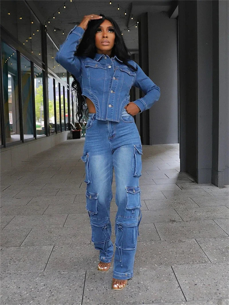 Streetwear Denim 2 Piece Sets Women Outfit Autumn Clothing Women Jean Jacket Top Cargo Pant Sets Cow Tracksuits Woman Sets 250906