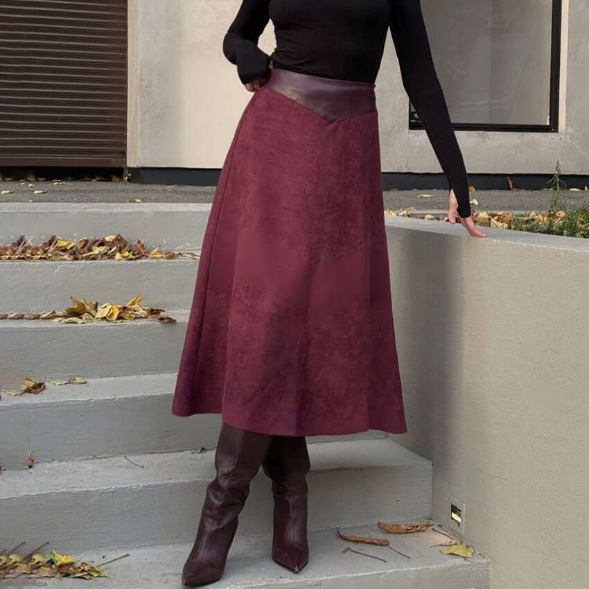 Autumn Winter New A-Line Long For Women With Design Sense And Elegant Suede Leather Skirt B5
