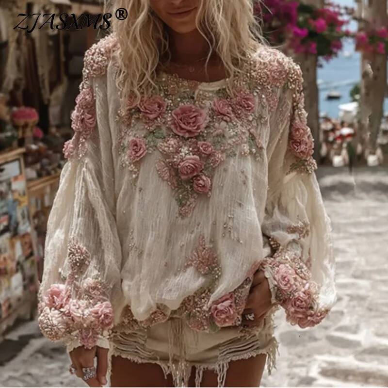 2025 New Autumn Light colored Long sleeved Ethnic Women's Shirt Retro D Printed Fashion Shirt Elegant Round Neck Loose Top design Designer Hoodie
