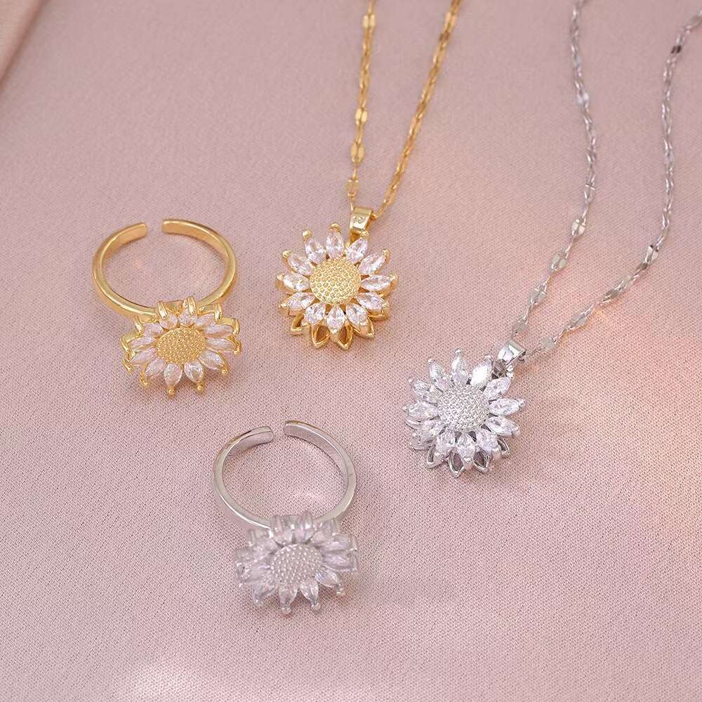 DHpet Trendy Sunflower - inspired Zircon - inlaid Necklace Set for Women