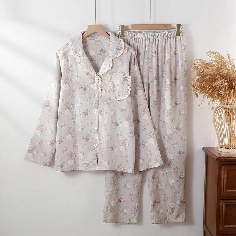 2025 New Women's Long Sleeve Lace Cotton design Pajama Set Spring and Autumn New Style Ink Painting Design Folded Cotton Pajama Sweet Home Design