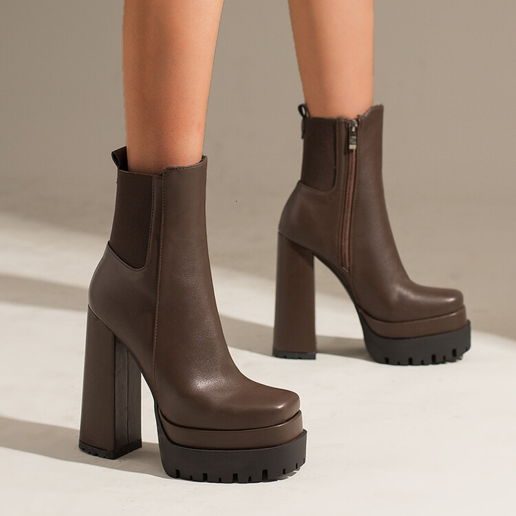 Autumn and winter new European and American style double-layer water table back elastic side zipper square toe high thick heel women's short boot