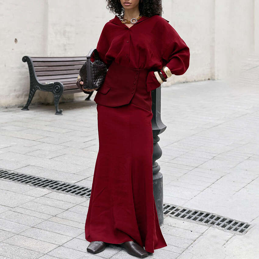 Autumn Winter New Long Sleeve Shirt Waist Cinch Half Skirt Set Design Sense Elegant Fashion Commuting B5