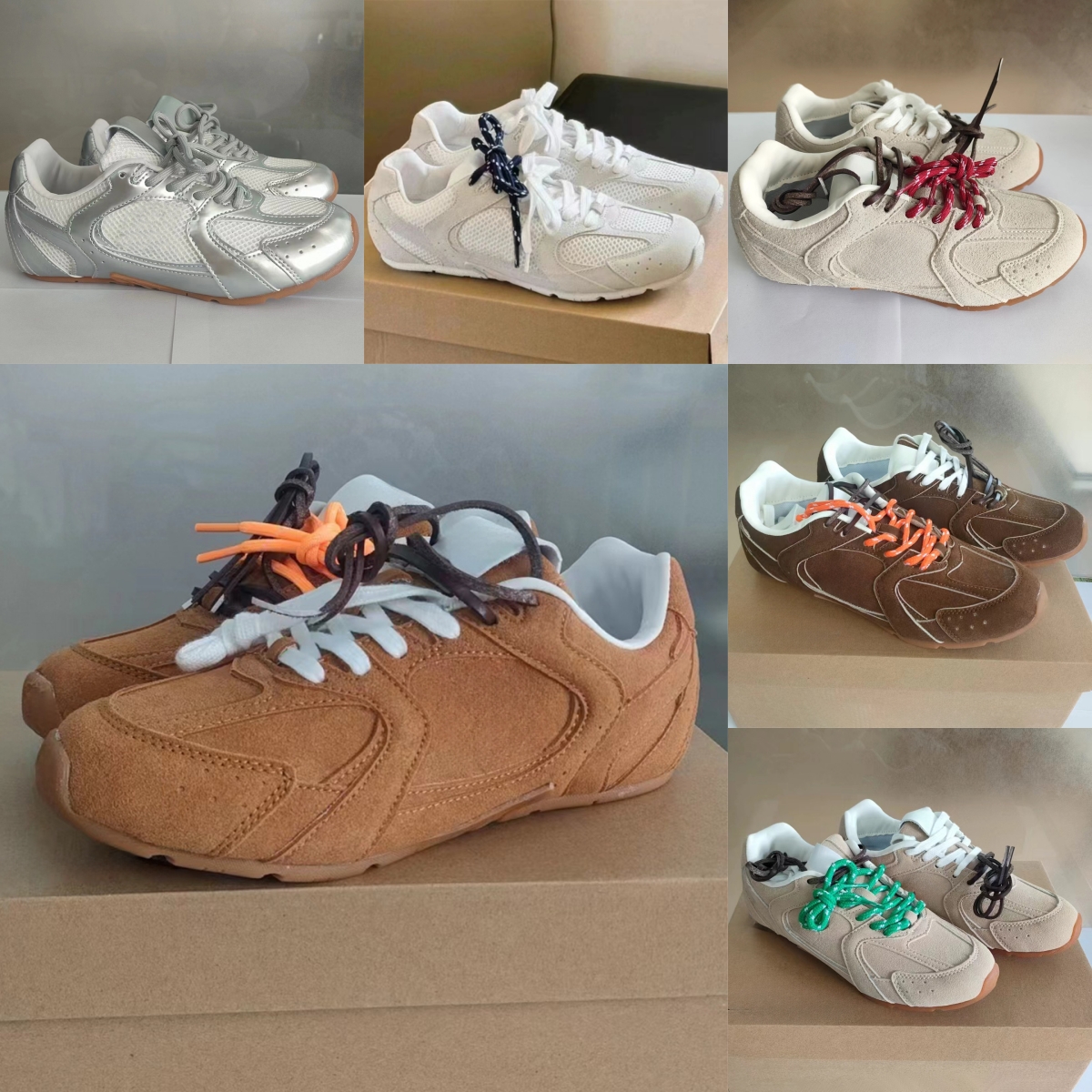 Designer Sneakers Men Trainers Women Shoes Suede Mesh Ballet Flats Shoe Double Color Shoelace Ultra Thin Sole Fitness Sports Khaki Brown Black Eu 35-44