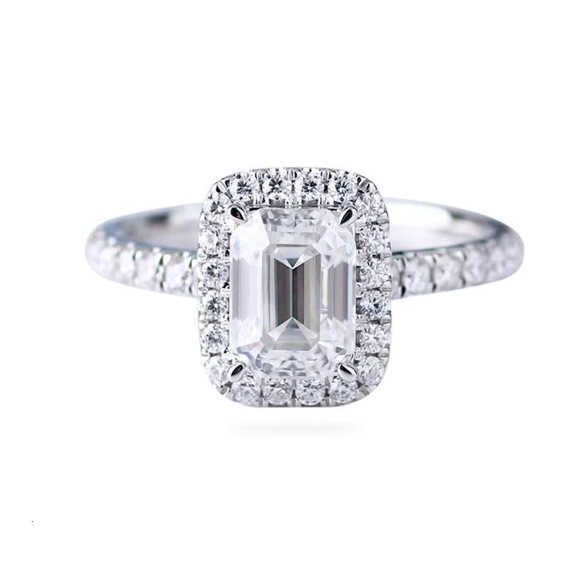 18carat white gold 6x8mm colorless DEF VVS emerald cut moissanite diamond halo ring for wedding