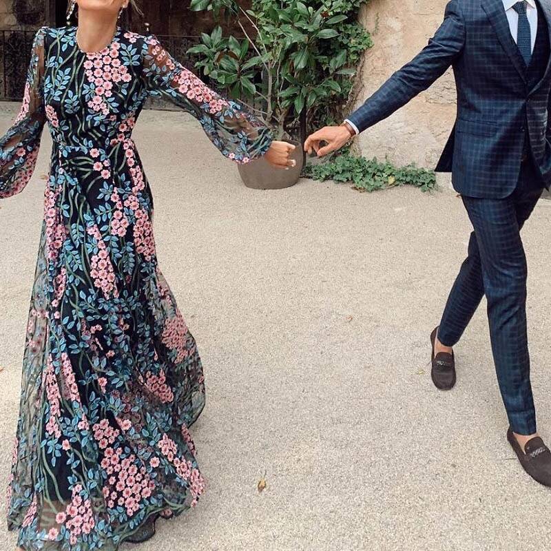 2025 new sexy design backless bohemian evening dress spring mesh long sleeved party dress retro chic women's round neck printed designer dress ve