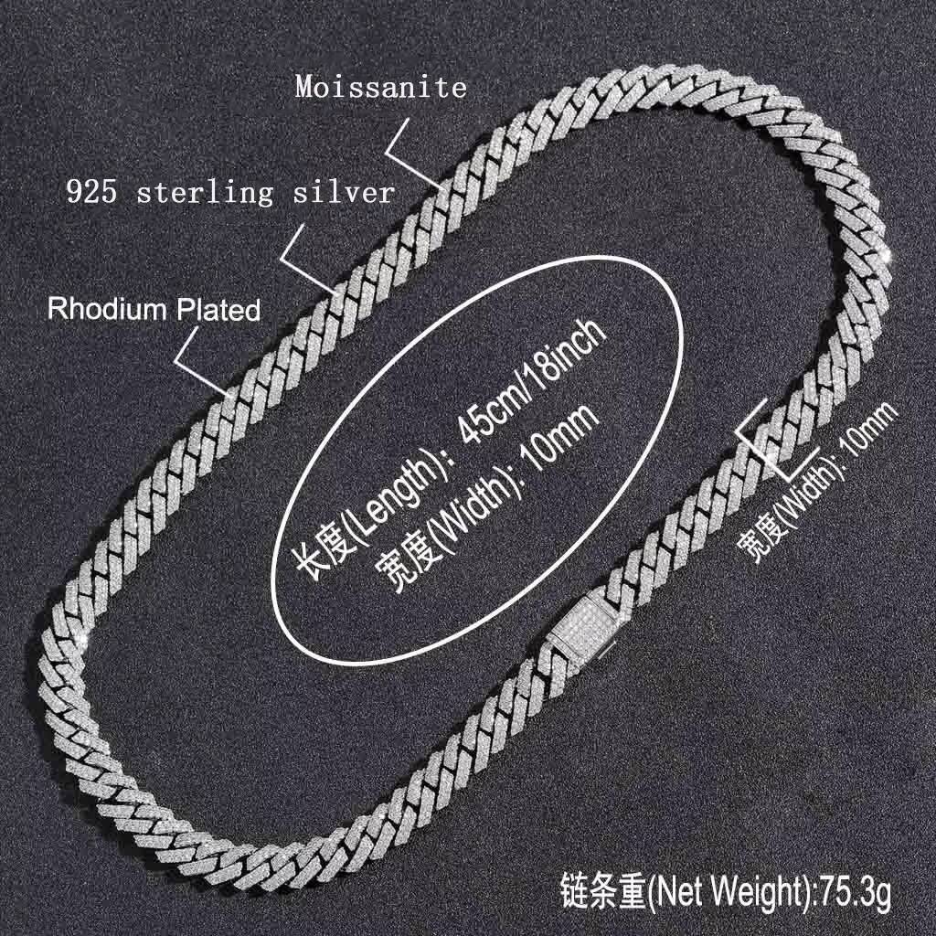 10MM 925 Sterling Silver Cuban Necklace VVS Moissanite Diamond Link Chain Iced Out Cuban Link Chain Hip Hop Jewelry